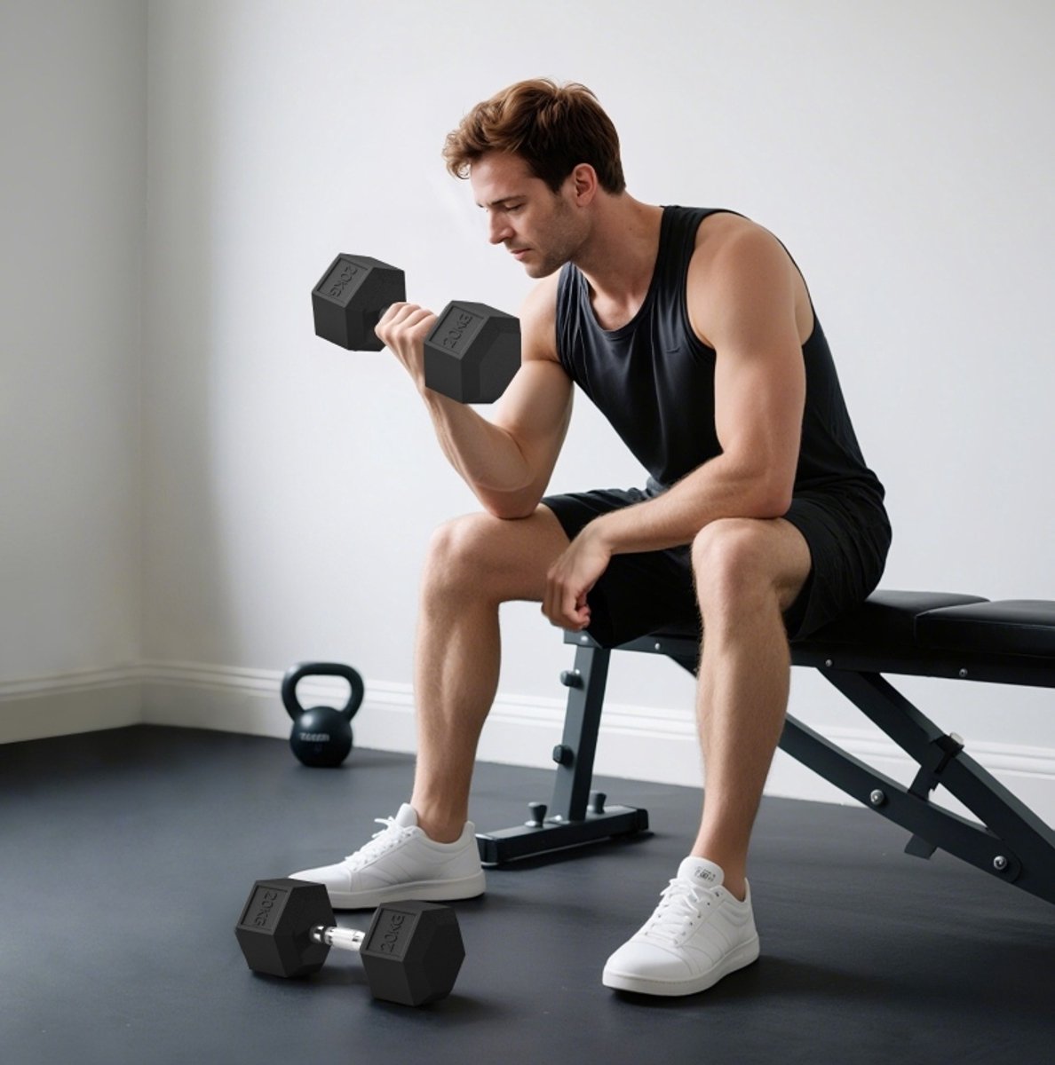 MEUNIQ Hexagonale dumbbellset 2 x 20 kg met gekartelde greep, gietijzeren halters voor thuis, fitnessruimte en krachttraining, zwart