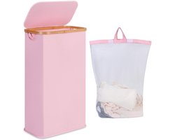 iEGrow Wasmand van 60 l met deksel, smalle wasmand met afneembare en wasbare binnenzak, opvouwbare wasmand voor slaapkamer, wasruimte en badkamer (roze)
