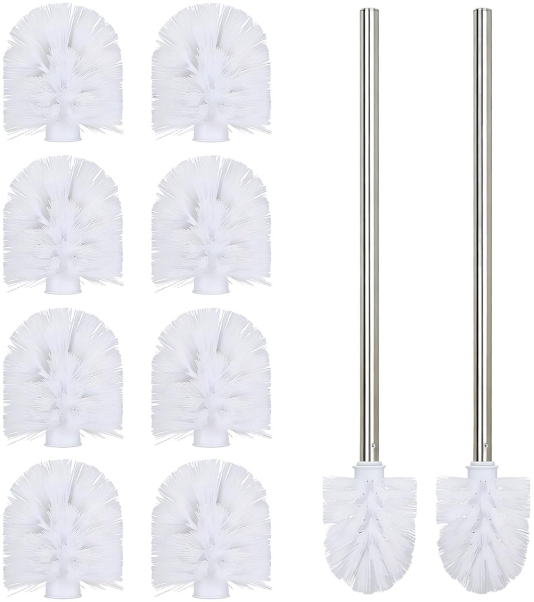 Set van 10 vervangende toiletborstels met 2 roestvrijstalen handgrepen, toiletborstel met grote kop van 8 cm, roestvrij, totale lengte 35 cm, voor badkamerreiniging