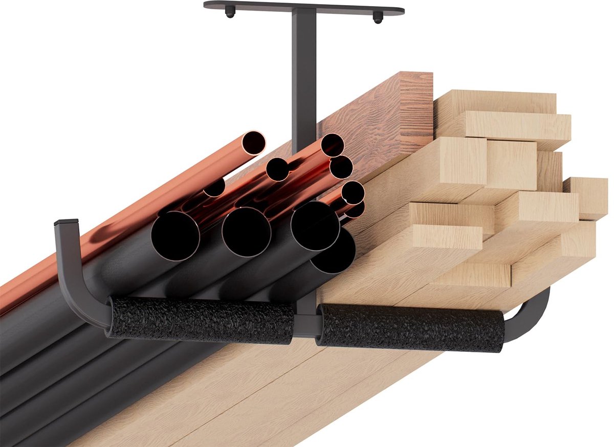 Ophanghaak, plafondhaken, garage, dubbel voor ladder, hengel, montagehaken, plafondmontage, beschermschuim, zwart - 2 stuks