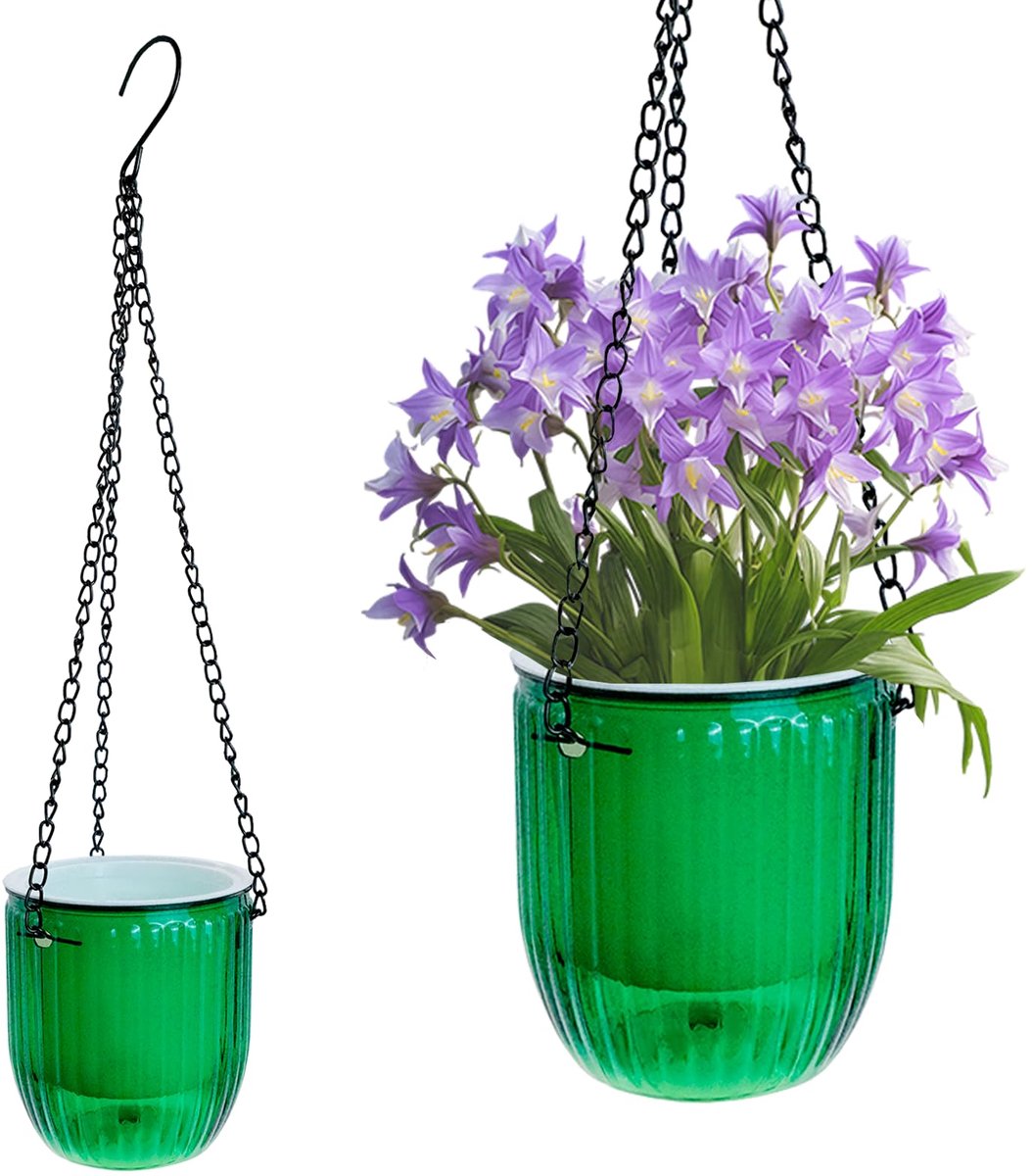 2 stuks hangende mand plantenbakken met afvoer, transparante groene plastic hangende potten met kettingen, binnen en buiten bloemenmanden voor planten en tuindecoratie