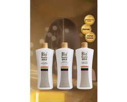 Bio Keratin Gold Professional 3-in-1 haarverzorgingsset, bestaande uit een shampoo, keratinebehandeling en conditioner. 3 x 150 ml