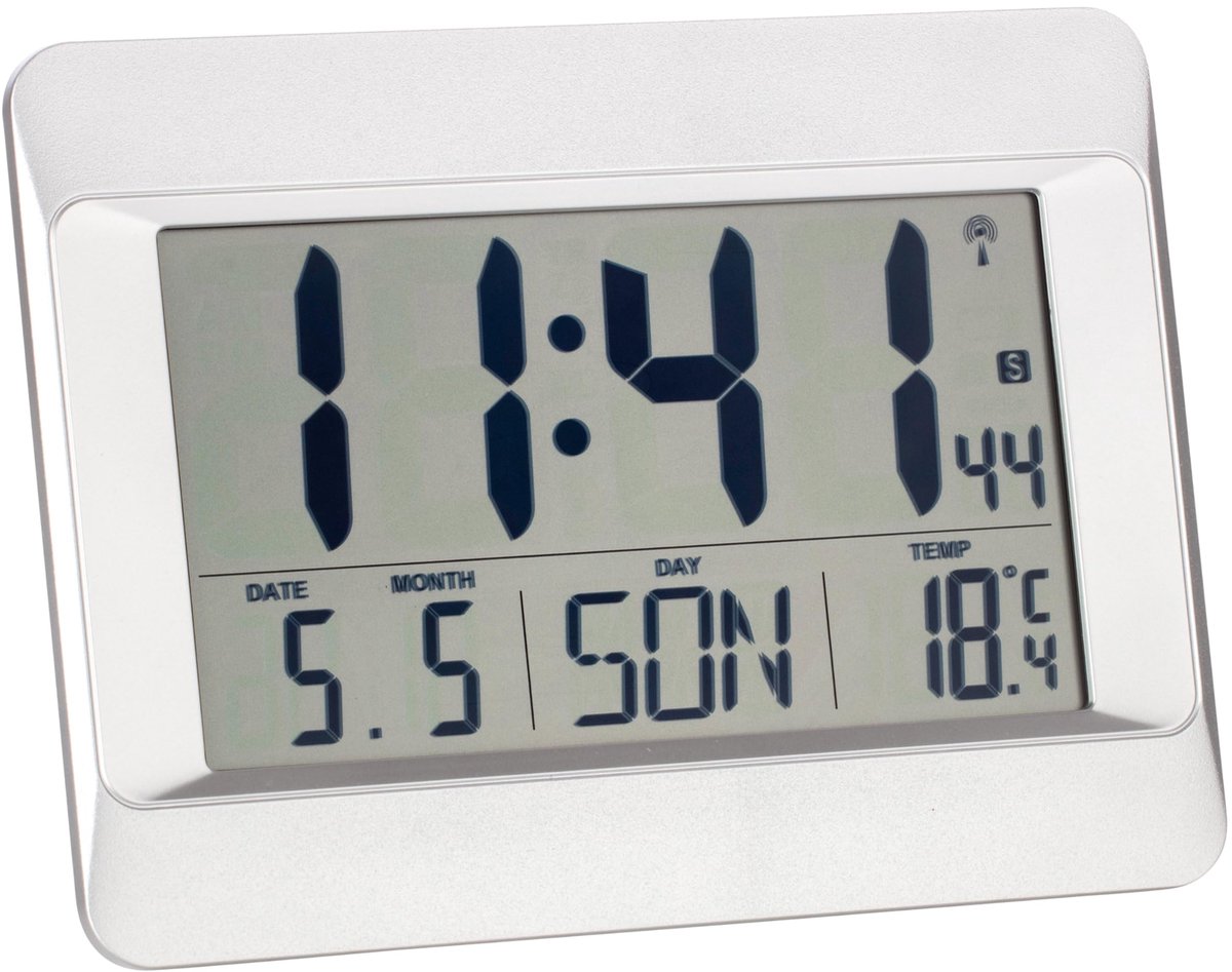 Klok, 60.4519, radiogestuurd, binnentemperatuur, 8 talen, datum, tijdzone, (L) 215 x (B) 160 x (H) 26 mm (zilver)