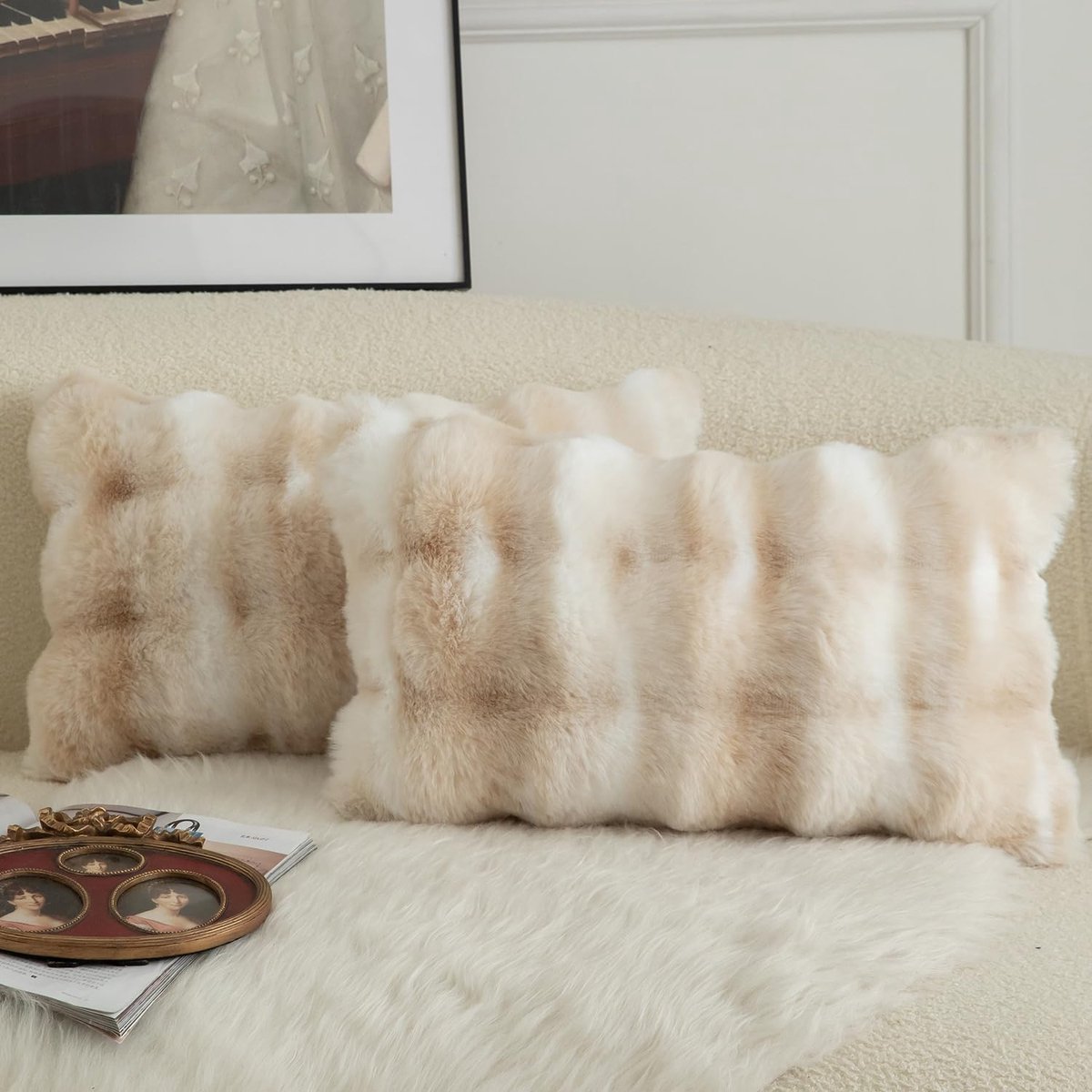 Set van 2 luxe decoratieve dikke wollen kussensloop, super zachte golf bubbels pluche wol, sierkussen, sierkussenhoezen, bankkussens, slaapkamer kussenhoezen voor bank, 30 x 50 cm, wit beige