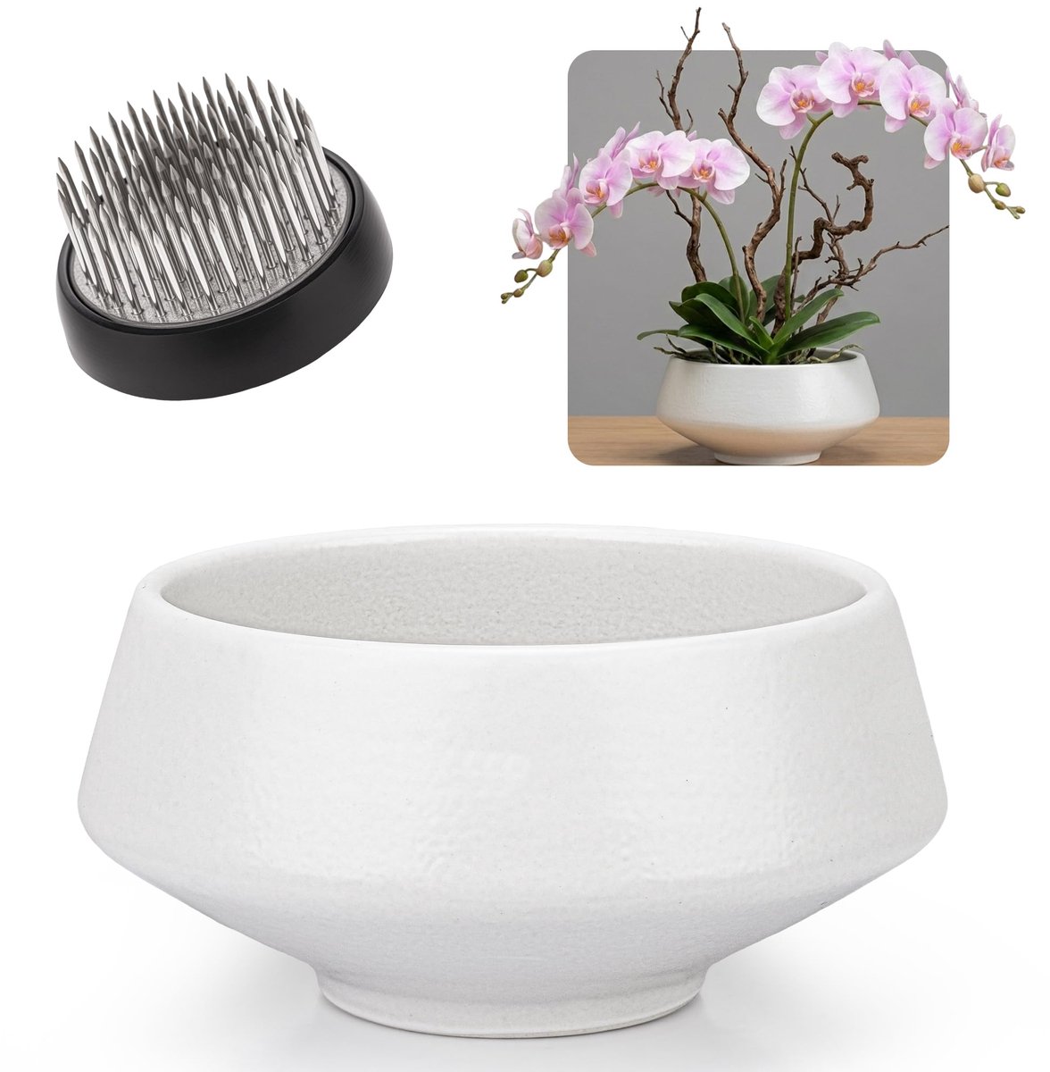 Ikebana schaal voor bloemstukken, Ikebana keramische bloemenvaas kit (witte kom)