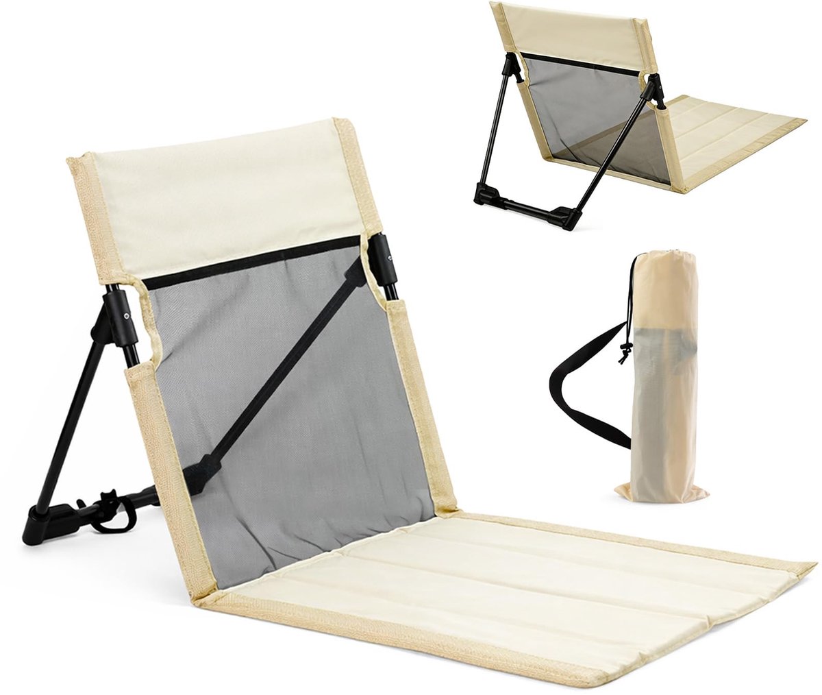 Strandmat met rugleuning, opvouwbare ligmat met rugleuning, opvouwbare lichte strandligstoel, strandstoel met opbergtas, buitenstoel voor kamperen, strand, reizen (Melk wit)