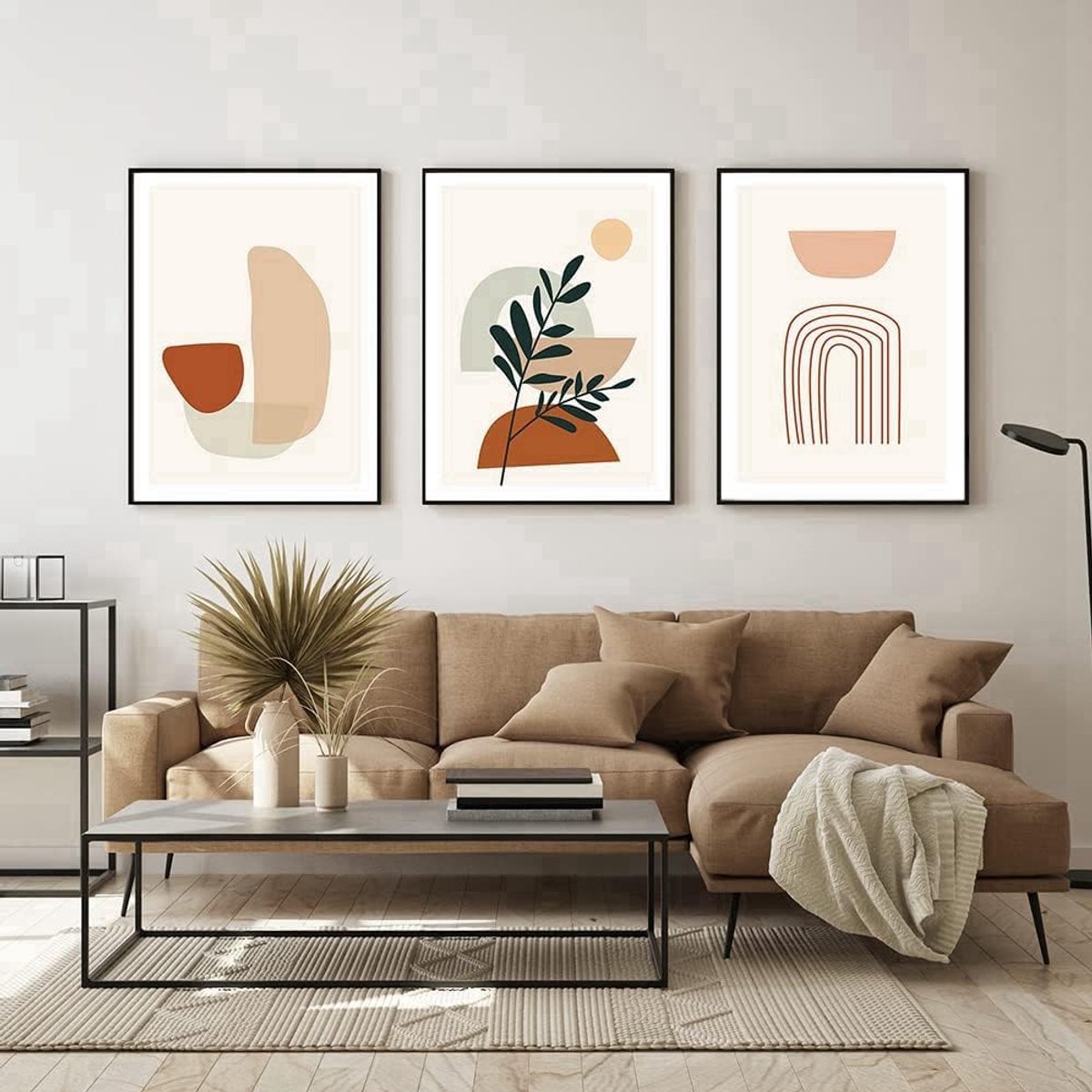Geometrische posterset, abstracte afbeeldingen van bloemen en planten, bedrukte poster voor woonkamer, achtergrond, wanddecoratie, zonder lijst (stijl 3, 40 x 60 cm x 3)