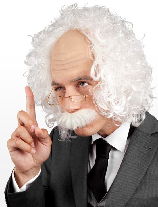 Man met witte krulpruik, bril, bakkebaarden en grijze das.