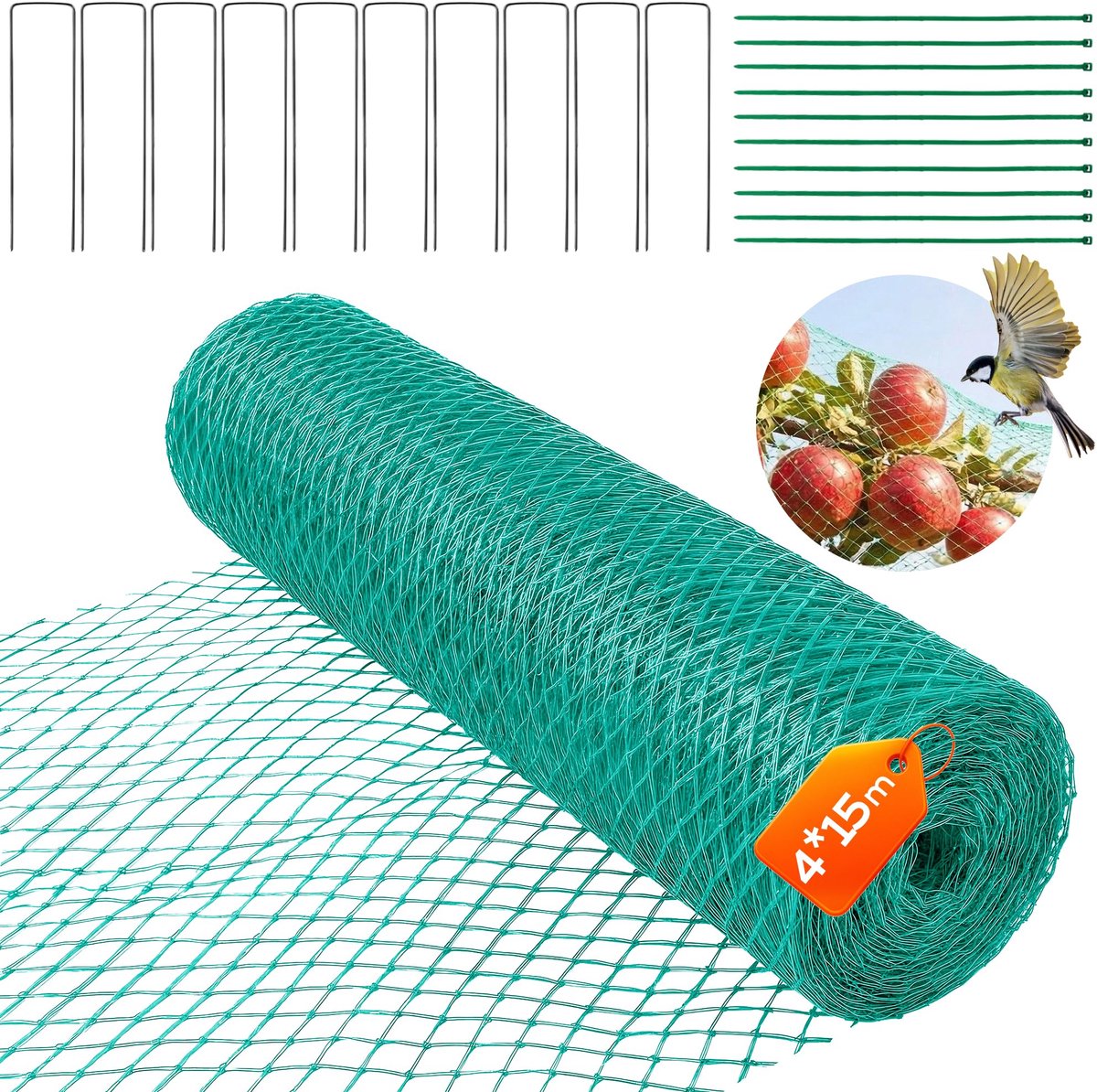 4x15m, fijnmazig vogelbeschermingsnet (15x15mm), stevig, weer- en UV-bestendig – met 30 grondankers en kabelbinders – ideaal voor kersenboom, vijver, fruitbomen, duivennet, tuin en balkon