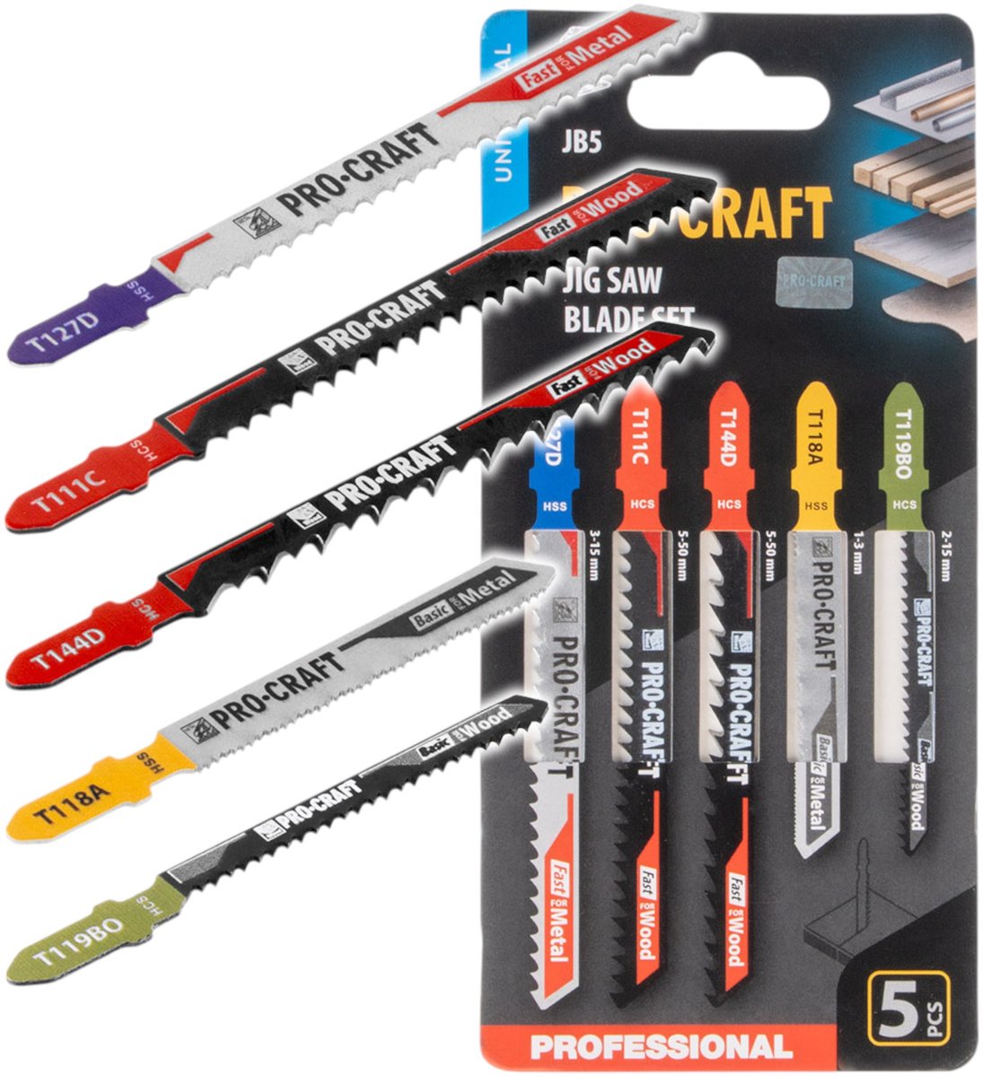 Procraft JB5 decoupeerzaagbladenset 5-delig 1 - 50 mm voor hout en metaal