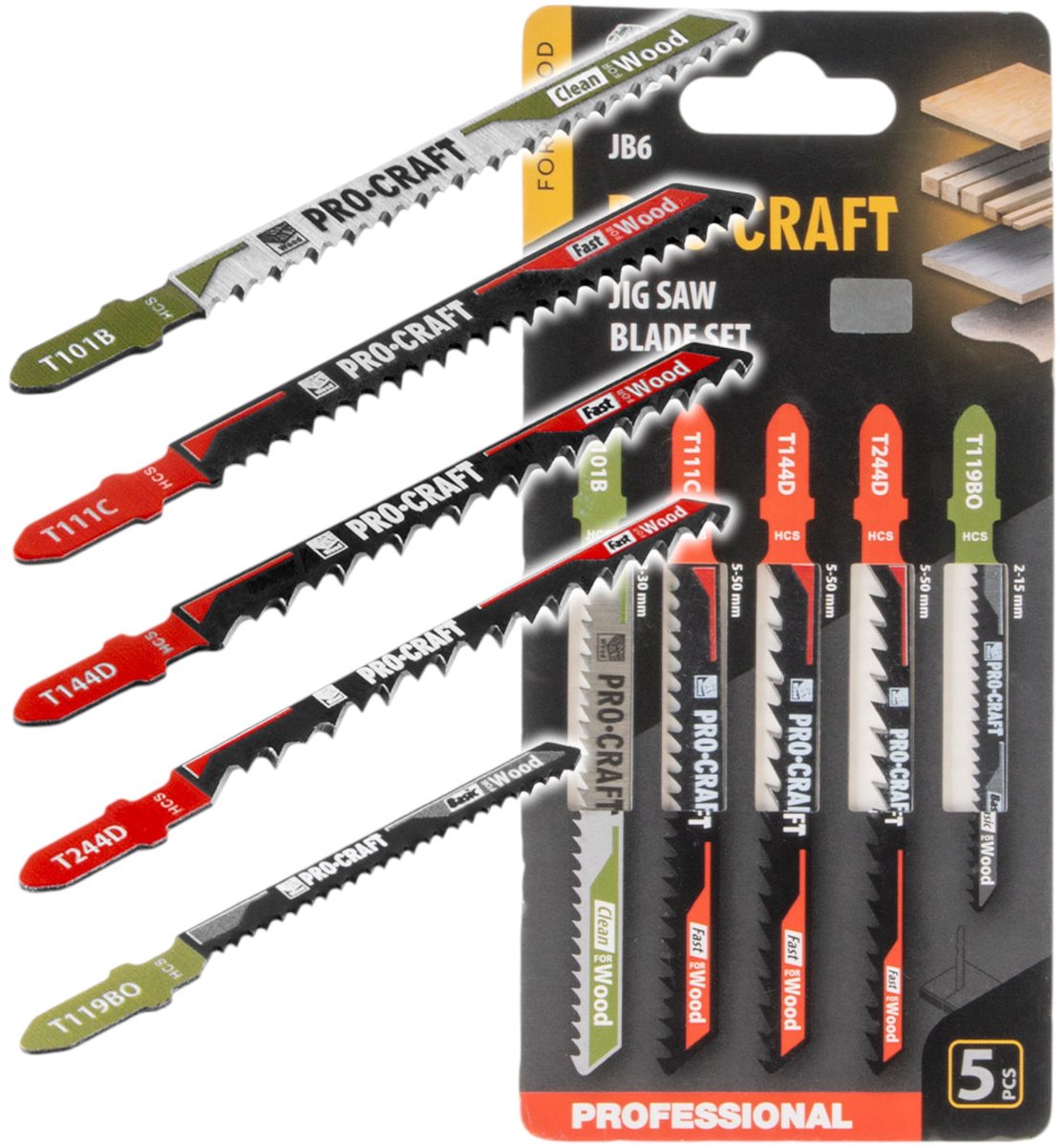 Procraft JB6 decoupeerzaagbladenset 5-delig 2 - 50 mm voor hout