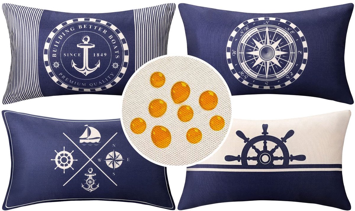 30 x 50 cm, waterdicht, linnen, nautisch kussenslopen, marineblauw, anker, roer, zeilboot, kompas, decoratieve kussenovertrekken voor bankkussen, overtrek, auto, tuin, buiten, binnen