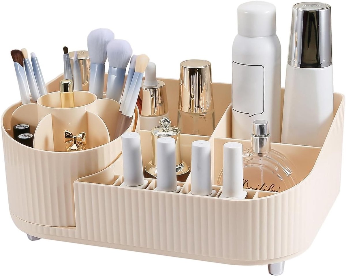 Grote make-up organizer met 360° roterende borstelhouder, multifunctionele cosmetica-opslag voor huidverzorging en badkamer aanrecht