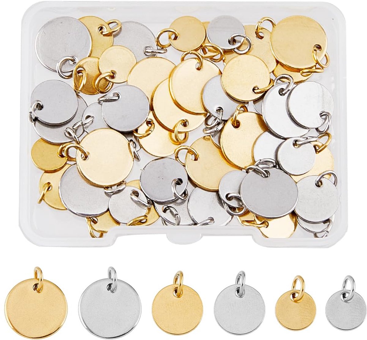 48 stuks 3 maten blanco graveren tag hangers 304 roestvrij stalen bedels met springringen platte ronde schijf gouden zilveren bengelende bedels bericht woordtag hangers voor sieraden