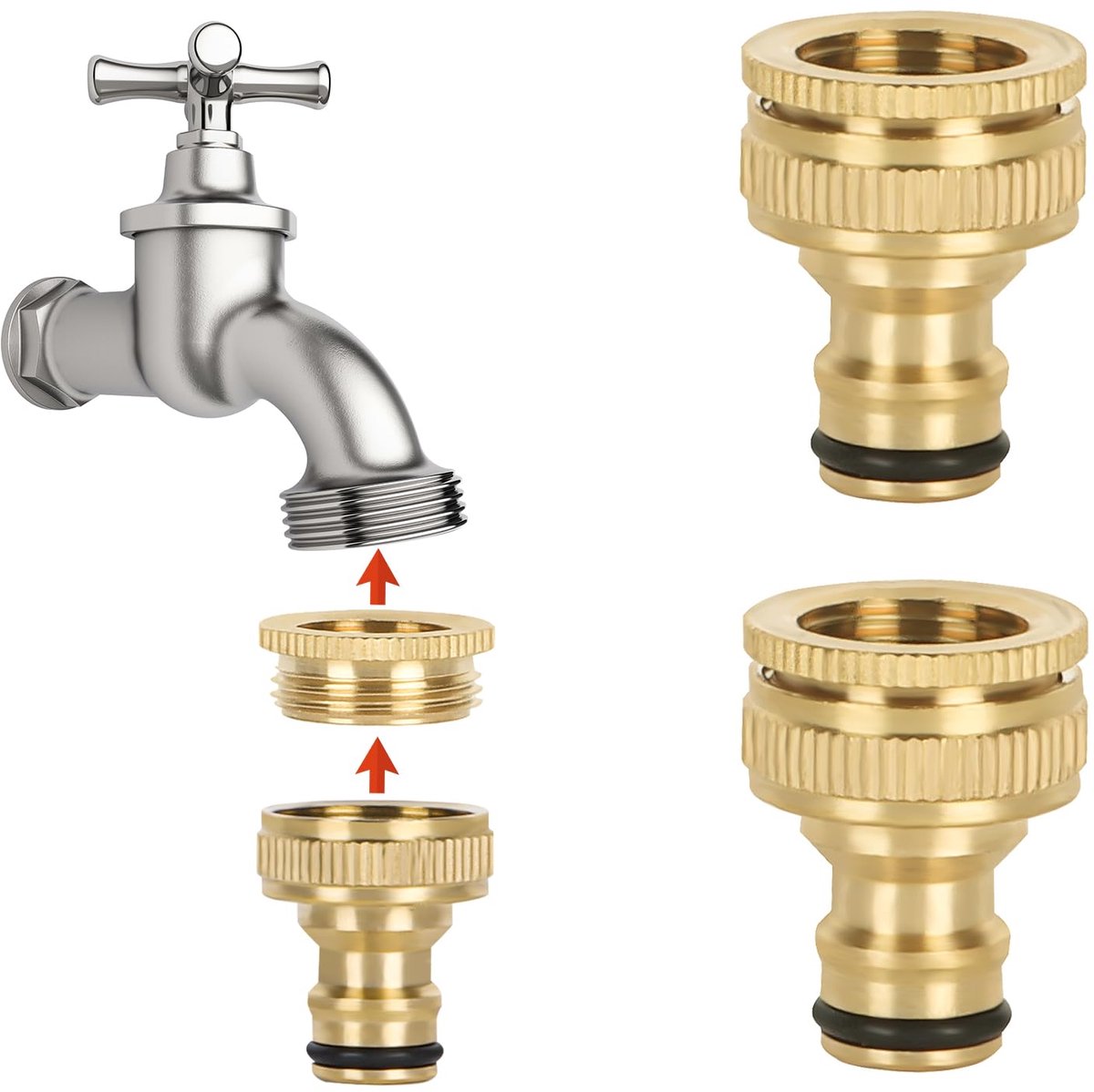 waterkraan, messing, slangverbinder, set, adapter, 1/2 inch en 3/4 inch waterkraanaansluitingen, buitendraad, slangkoppeling, verbindingsstuk waterslangaansluitingen (2 stuks)
