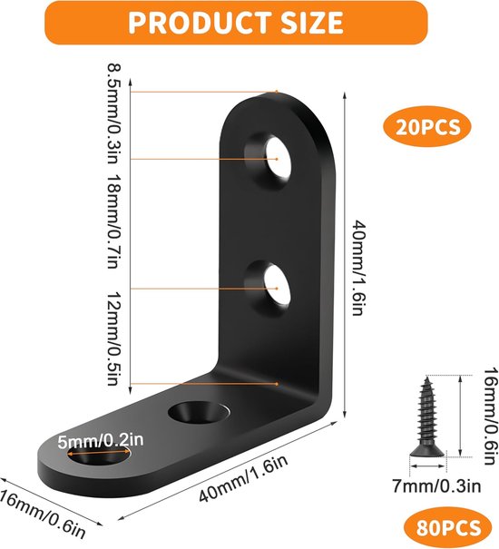 Hoekbeugel van roestvrij staal, 40 x 40 mm, hoekconnector, 90 graden, L-vorm met schroeven voor het bevestigen van houten meubels, 20 stuks, zwart — afbeelding 5