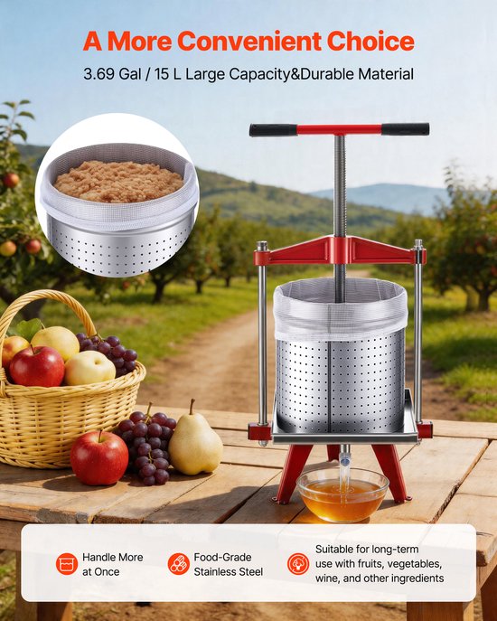 VEVOR Handmatige Bessenpers 15 L Roestvrij Staal, Wijnpers en Fruitpers voor Appels, Druiven, Sinaasappels en Groenten, Appelpers met 2 Filterzakken, 40 X 32 X 61 Cm Fruitpers Sappers van Vevor — afbeelding 5