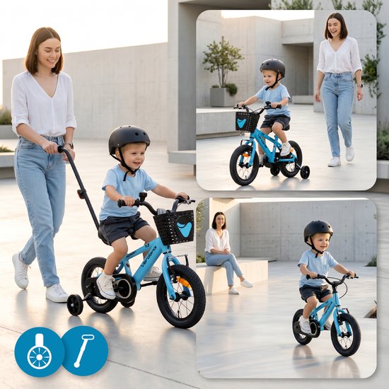 SUN BABY Verdant Bike Kinderfiets voor jongens 12 inch, leeftijd 3 tot 6 jaar, met zijwieltjes, duwstang, handrem (Blauw, 12 inch) van Sun Baby — afbeelding 2