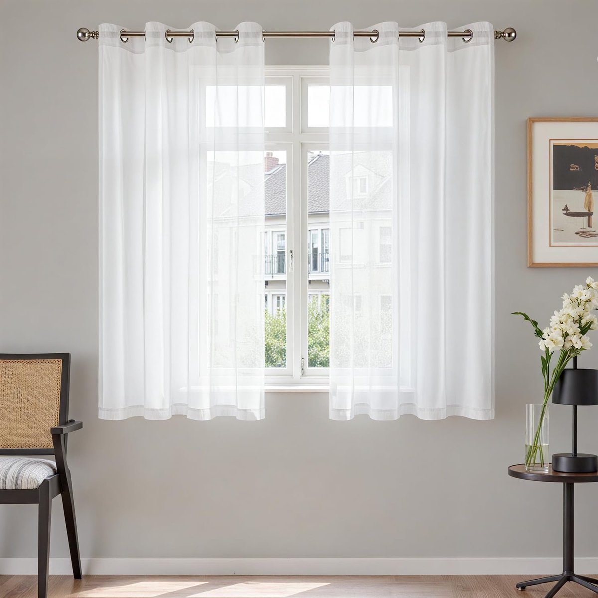 Gordijnen met oogjes, transparante vitrage, 145 x 140 cm, set van 2 voile gordijnen, woonkamer, moderne gordijnen, slaapkamer, gordijnpanelen, raamdecoratie, overgordijnen, gordijn met oogjes
