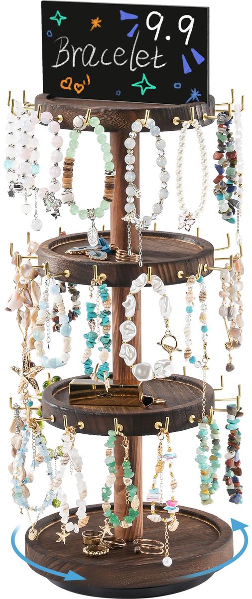 Draaibare armbandhouder, houten armbandstandaard, sieradenstandaard met 42 haken, 360 graden draaibare armbandhouder voor armbanden, haarklemmen, horloges, sleutelhangers, donkerbruin
