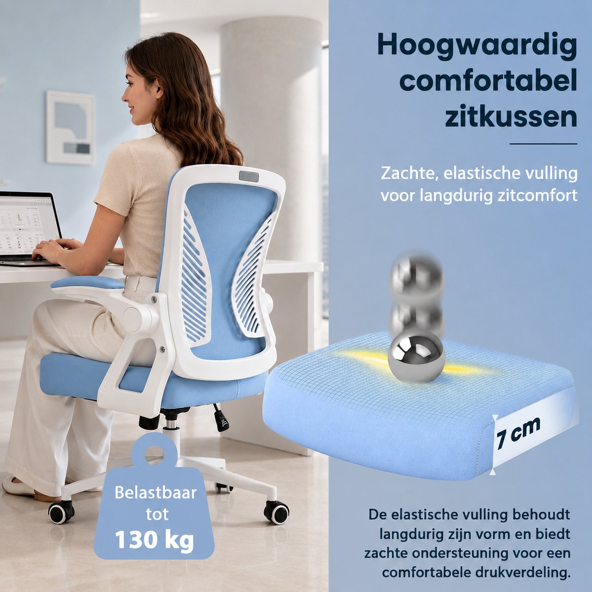 Milacyee Bureaustoel - Ergonomische Bureaustoel – Verstelbare Gaming/Computerstoel met Mesh Rug & Lendensteun – 90° Opklapbare Armleuningen – Directiestoel met Stille Wieltjes – Tot 130 kg Belasting - blauw - Geschikt voor thuiswerk en kantoor – foto 3