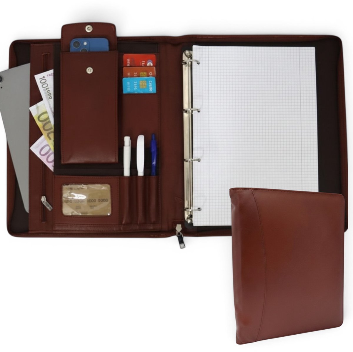Leren Schrijfmap A4 - Conferentiemap - Documentenmap a4- Tablethoes & Laptopsleeve - Uitneembare Ringband