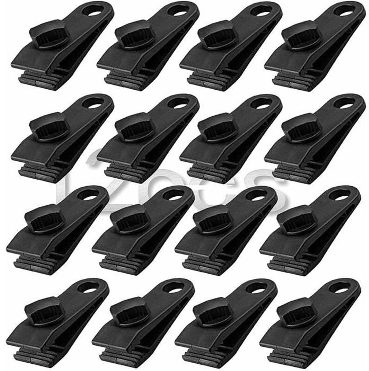12 stevige, zwarte, waterdichte stoffen clips, Geschikt voor tenten, campers, luifels en tuinen. Labels
