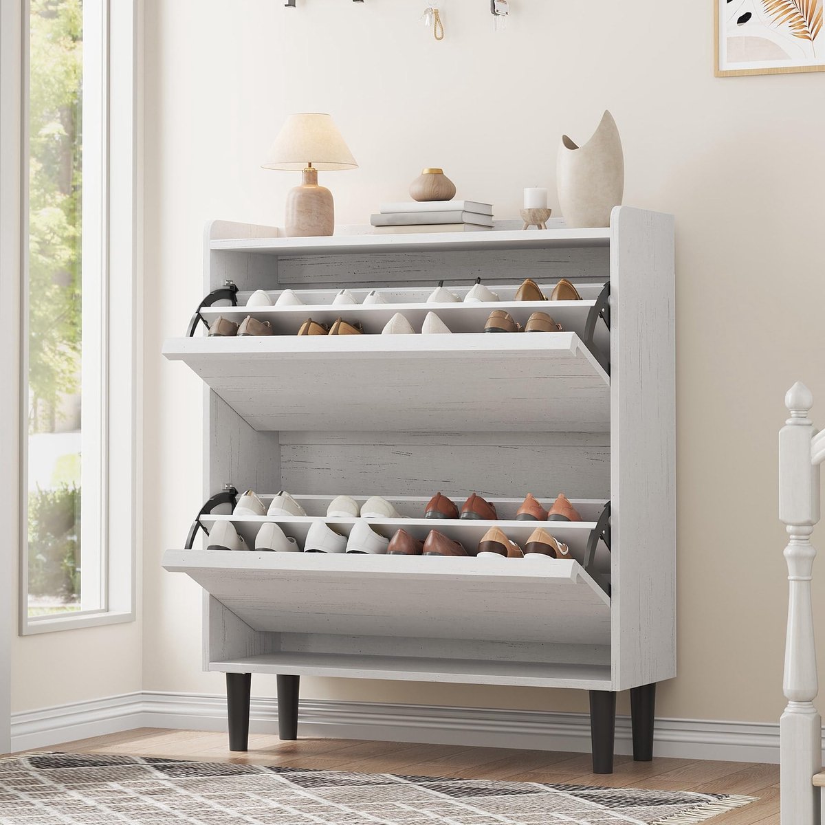Smal Schoenenkast 2 Kleppen Voor 12-16 Paar Schoenen - 87x26x95cm - Schoenenrek - Schoenenmeubel Hout - Verstelbare Planken - Minimalistisch - Ruimtebesparend - Voor Hal Woonkamer - Wit