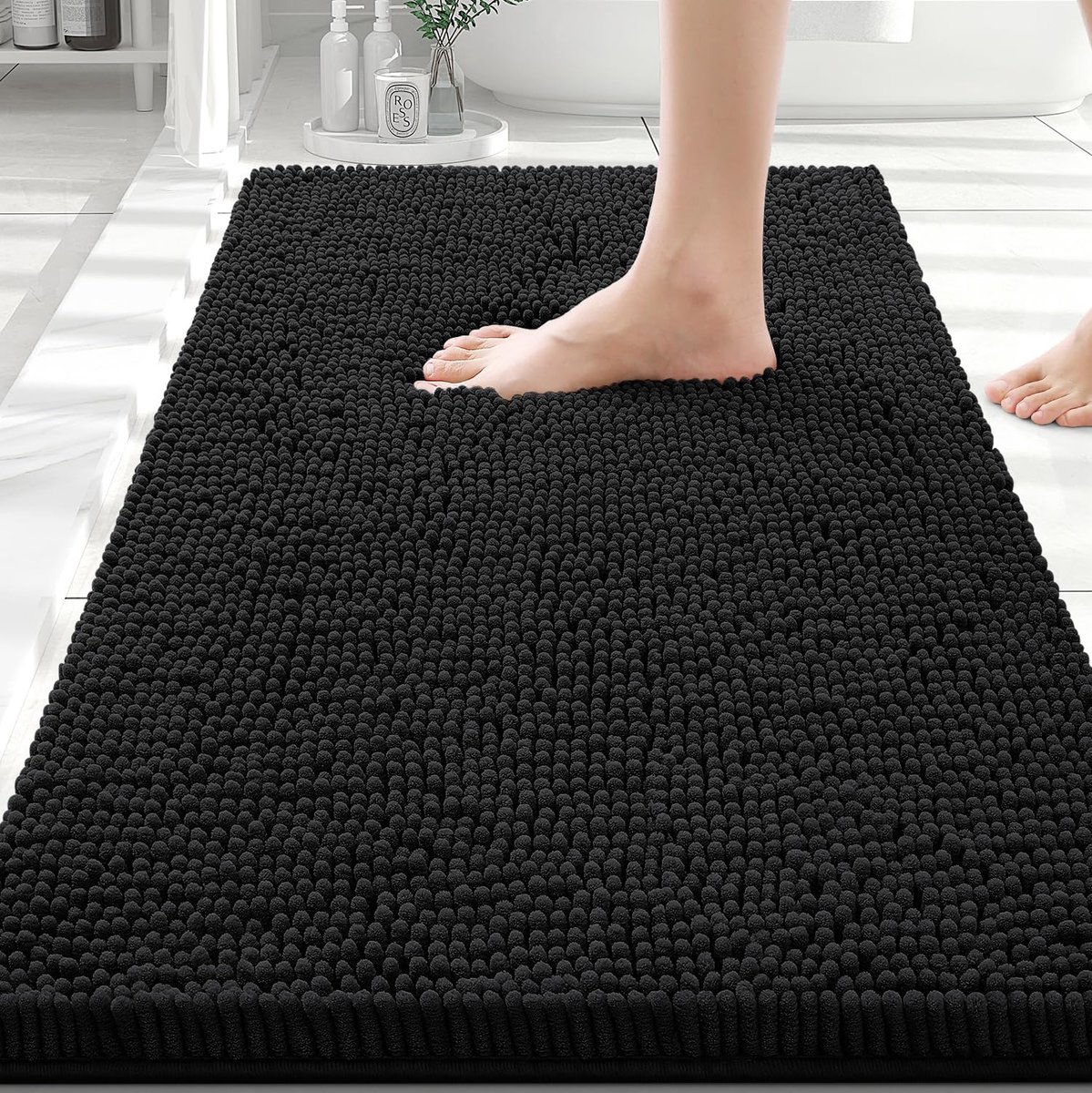 smiry Luxe Chenille badtapijt, extra zacht en absorberend Shaggy badkamertapijt, machinewasbaar, antislip pluche tapijtloper voor bad, douche en badkamer, zwart