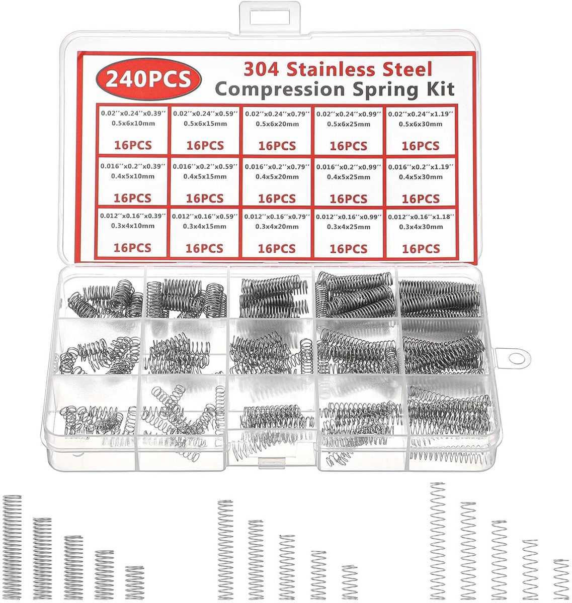 240 Pcs Assortiment Compressieveren van 304 RVS met Opbergdoos, Mini Veerset voor Mechanica en DIY Projecten, Spiralveren en Kleine Metalen Veren