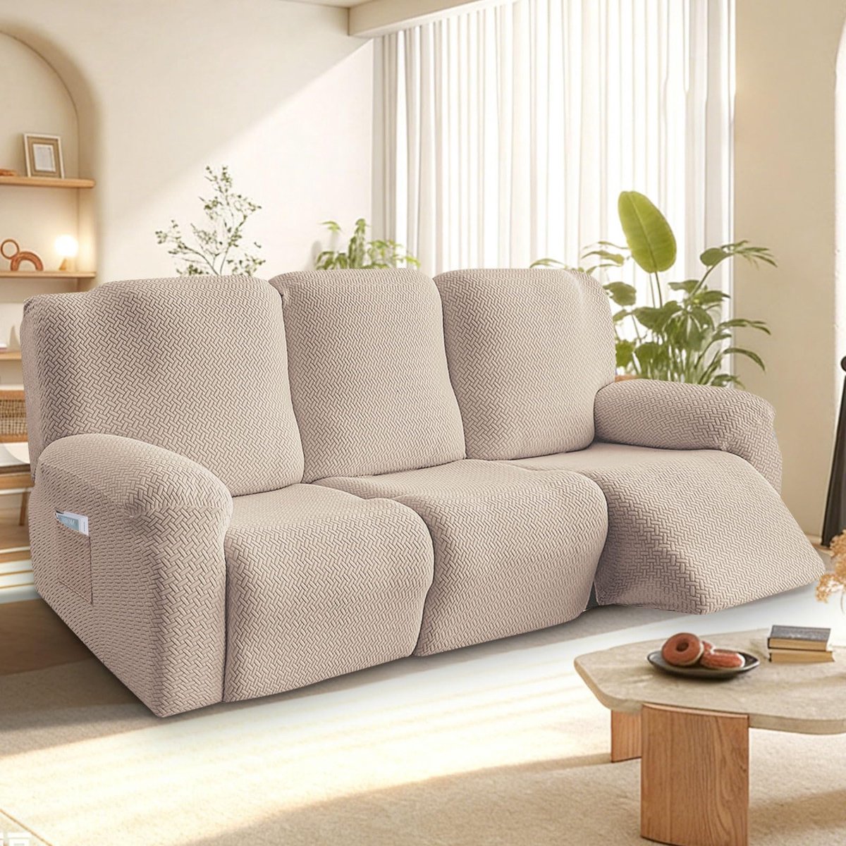 Set van 8 relaxstoelhoezen, 3-zits, rekbaar, met zakken, voor tv-stoel en relaxstoel, antislip, hoge elasticiteit, met elastische bodem