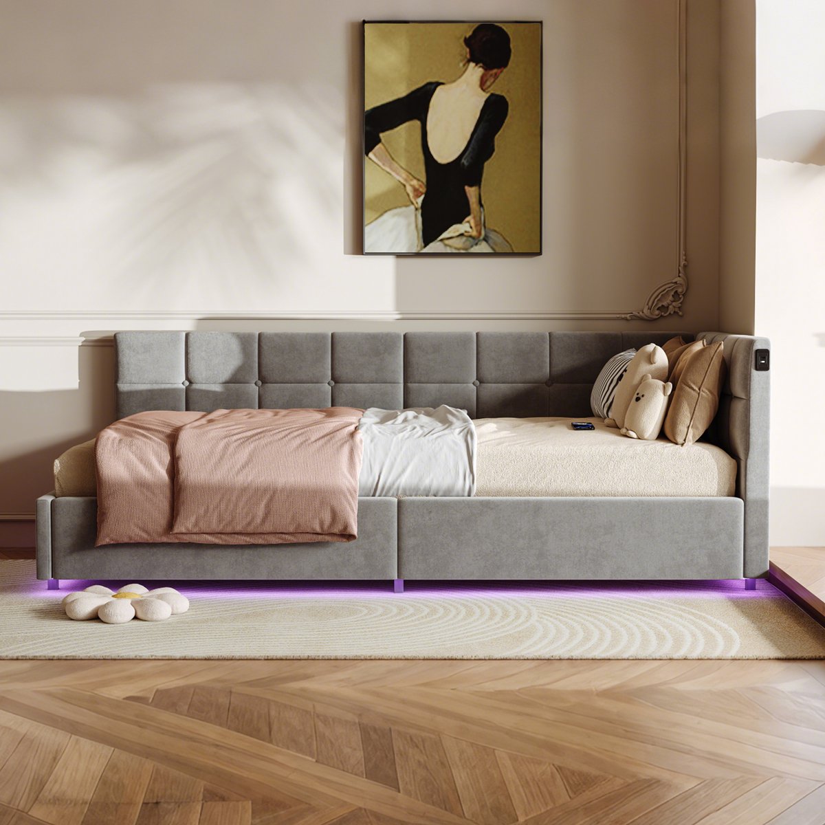 Daybed 90x200 met LED Verlichting & USB-C – Velvet Grijs Bed – Eenpersoonsbed met Opbergruimte – Modern Gestoffeerd Bedframe