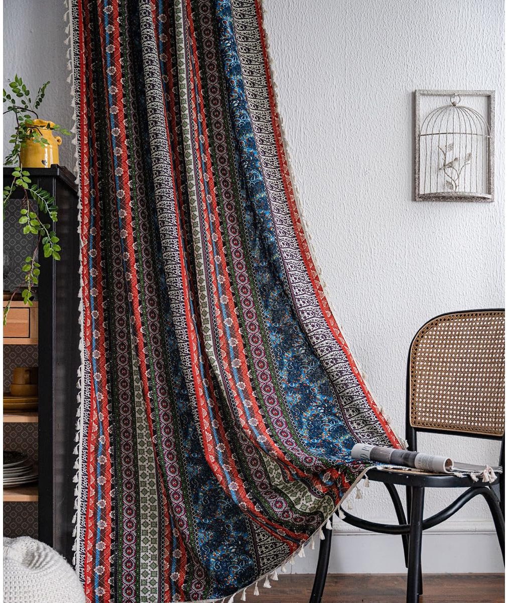 Gordijnen vintage boho gordijn landhuisstijl linnenlook katoen etno-rood half-transparant gordijnen met kwastje stang pocket voor woonkamer slaapkamer 1 stuk b 150 × h 240 cm