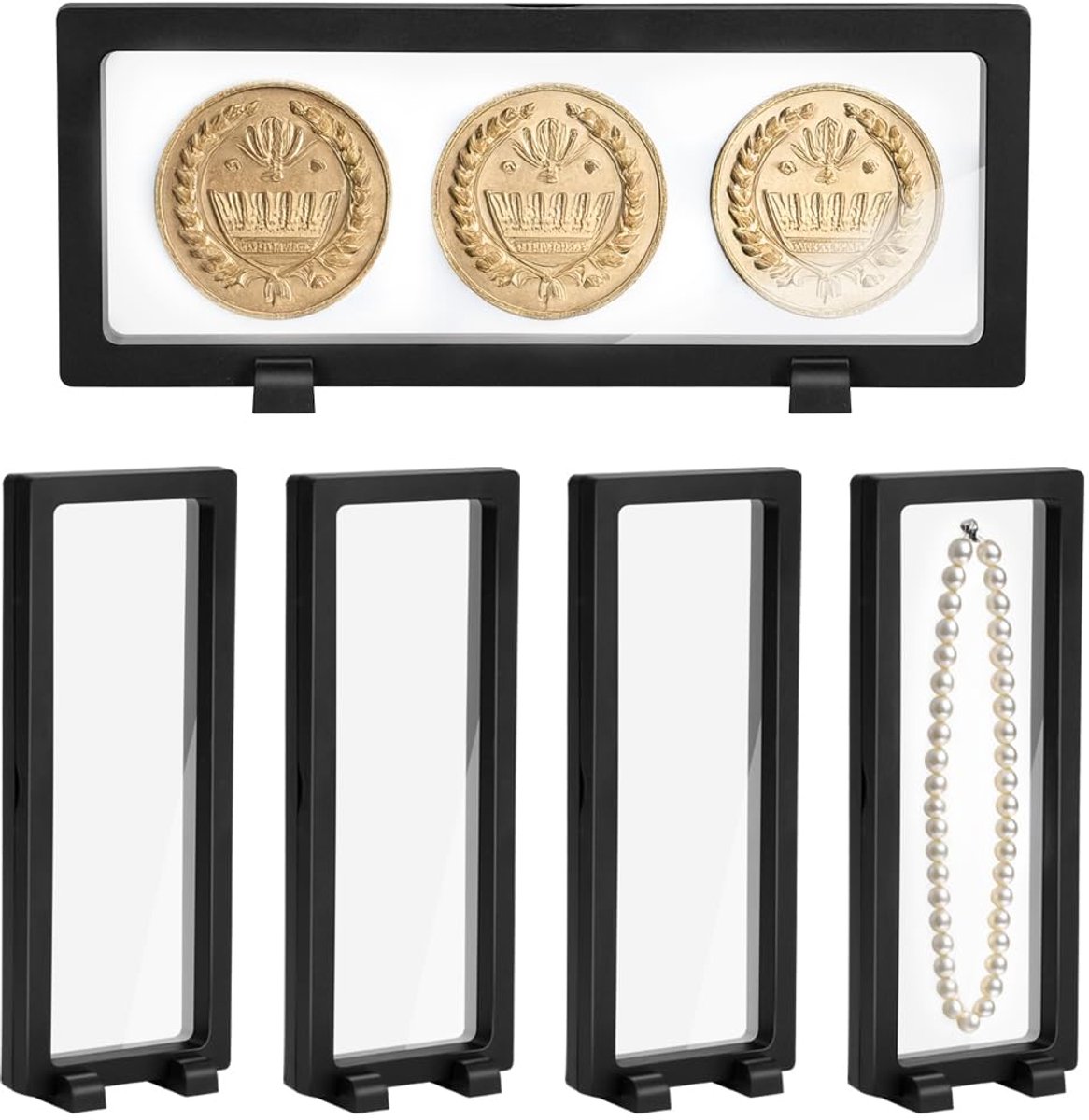 5 stuks transparante 3D Floating Display Case met 10 stuks houder - Zwart presenterframe voor antieke uitdaging AA-medailles, sieraden, schelpen, fossielen (230 x 90 x 20 mm)