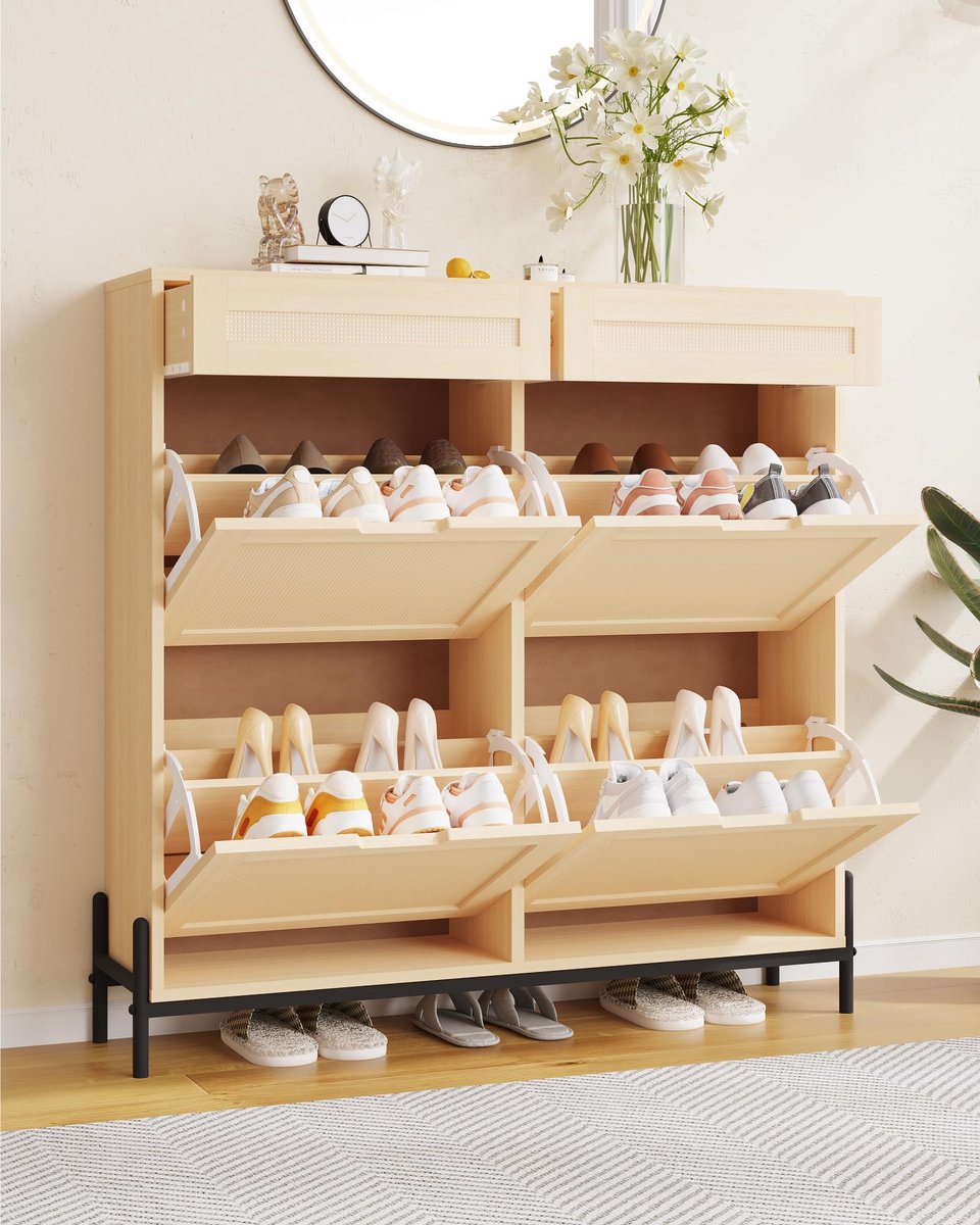 Schoenenkast Smal - 100x23.5x100cm - Schoenenrek - Schoenenmeubel Rattan - 4 Kleppen en 2 Lades - Verstelbare Planken - Ruimtebesparend - Voor 16-20 Paar Schoenen - Hal Woonkamer - Houtkleur