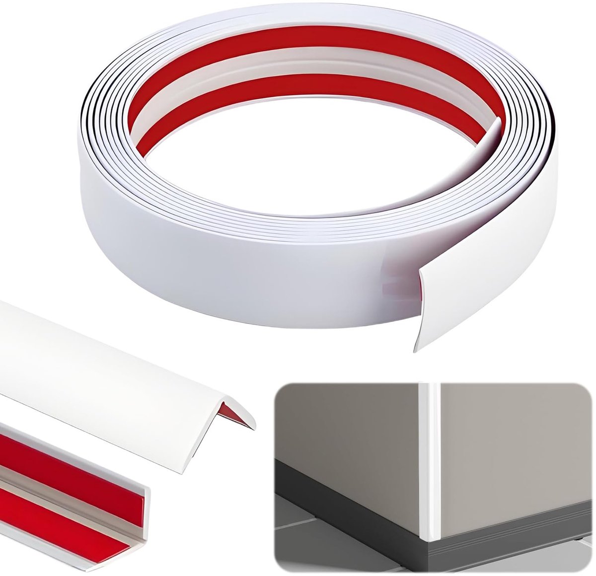 zelfklevend, 2 cm x 2 cm x 4 m, hoeklijst, zelfklevend, wit, pvc, flexibele zachte plint, zelfklevende randbescherming, zelfklevende flexibele hoeklijst voor deuren, ramen, muren