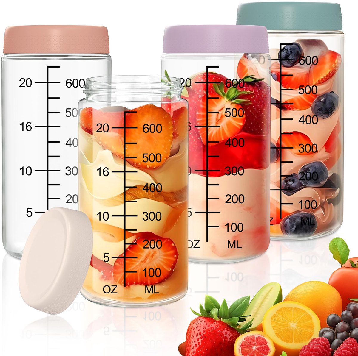 inmaakgläser met schroefdop 700ml, 4 stuks maaltijdvoorbereidingsglazen, overnight oats-glazen voor yoghurt, salade, muesli, jam, voorraadpotten glazen bewaarpotten met deksel & schaal als