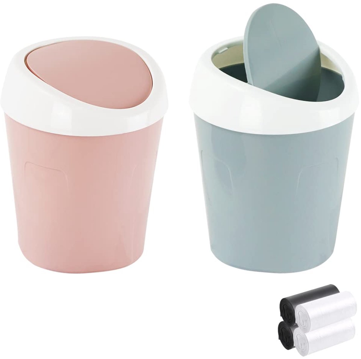 Prullenbak Badkamer Bins met Swing Deksel en 4 Rollen Bin Liners, QLFJ-FurDec Desk Compact Ontwerp Cosmetische Bin Voor Thuis, Kantoor, Vanity Tafelblad, Slaapkamer (Blauw, Roze)