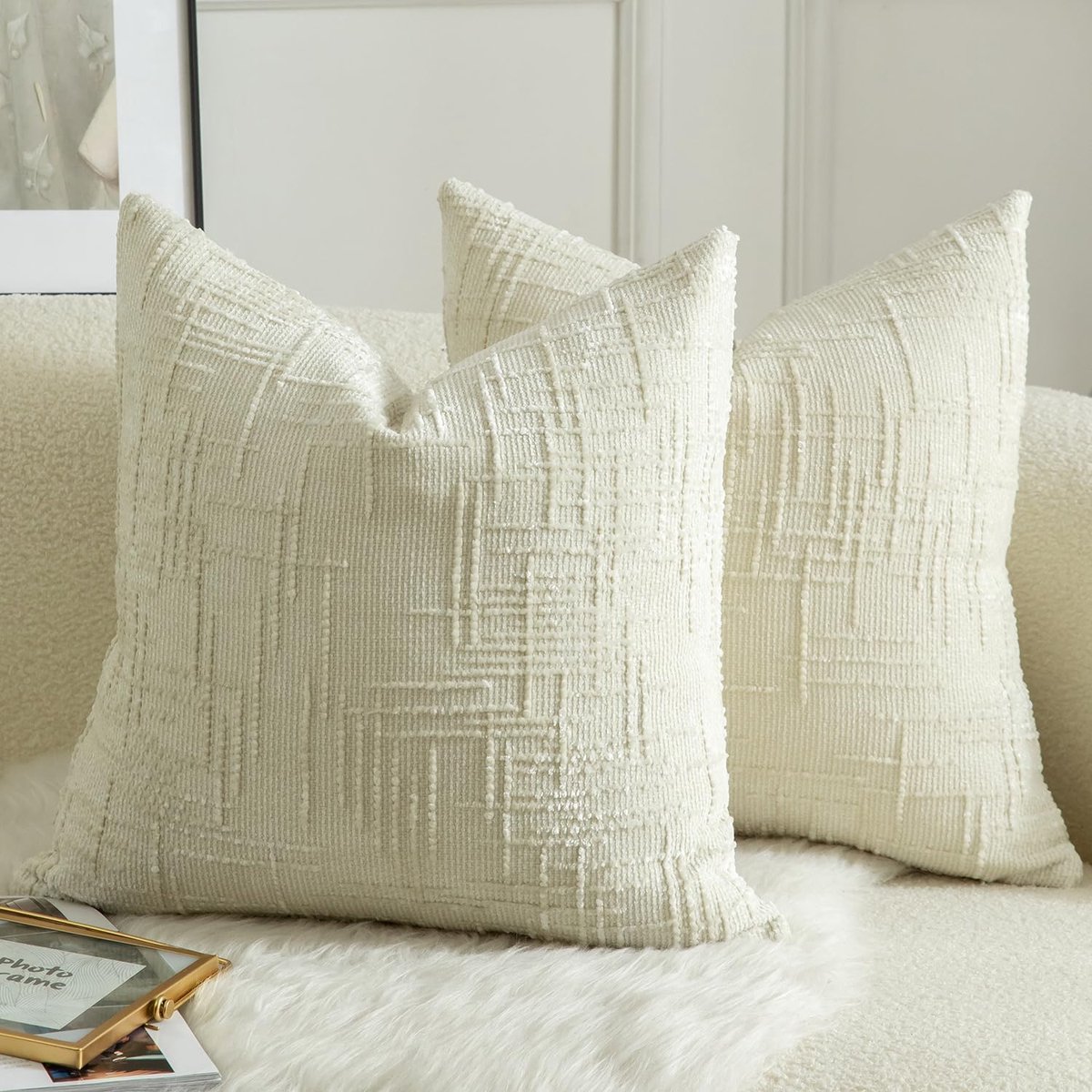 Set van 2 zachte chenille getextureerde sierkussenslopen, vierkant accent, effen decoratieve kussenhoezen, gezellige boerderij kussensloop voor bank slaapbank woonkamer 45 x 45 cm crèmewit