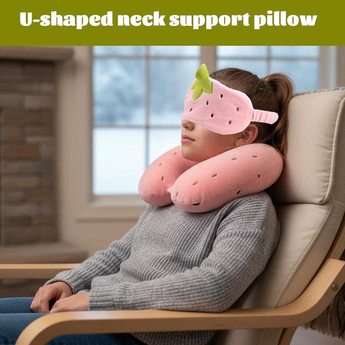 Nekkussen voor kinderen, reiskussen, traagschuim, ultrazacht, wasbaar, ergonomisch neksteunkussen met schattig cartoondesign voor auto, vliegtuig, kantoor en thuis, met slaapmasker (groen)