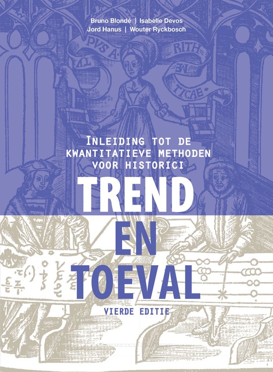 Couverture de livre 'Trend en toeval - quatrième édition' avec des illustrations bleues et beiges de personnages historiques et du texte. Introduction aux méthodes quantitatives pour historiens.