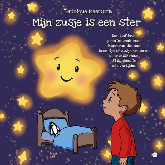 Voorplat van het kinderboek 'Mijn zusje is een ster'. Een jongen kijkt naar een ster boven een bed met een pinguïn.