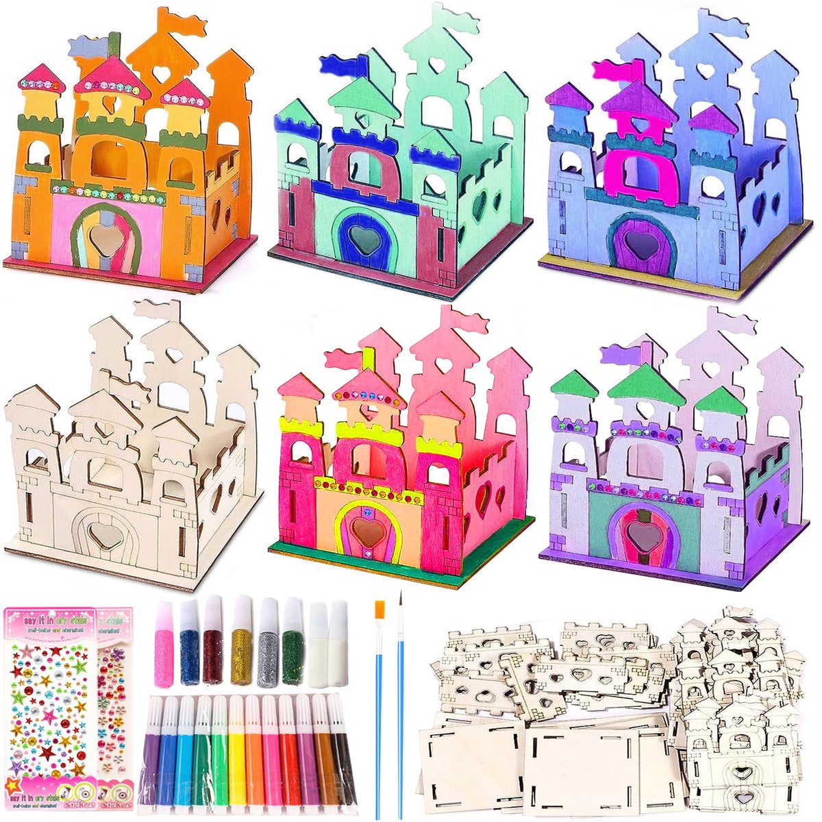 12 stuks Prinses Houten Slot Knutselset, Houten Knutselen Kinderen Meisjes, Prinses Schilderen Handwerk, Creatief DIY Knutselhandwerk Cadeau voor Verjaardagsfeestje Meisjes 3 4 5 6 7 8 9 10