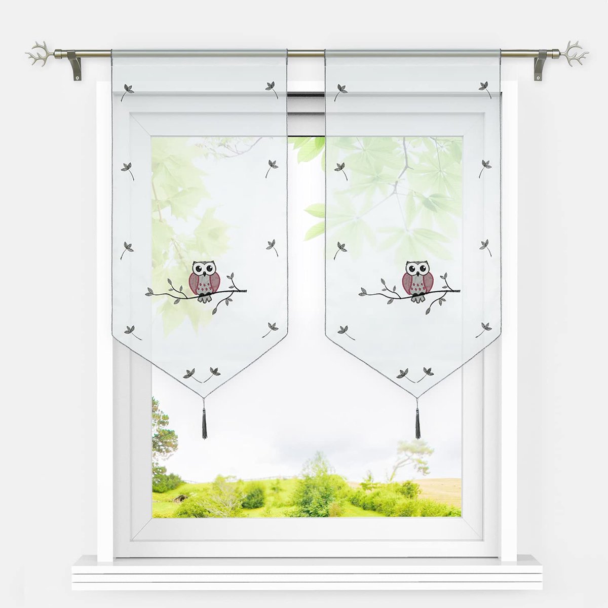 Gordijnen uil patroon transparant geborduurd bistrogordijnen met kwastje, grijs, 40 x 90 cm, 2 stuks