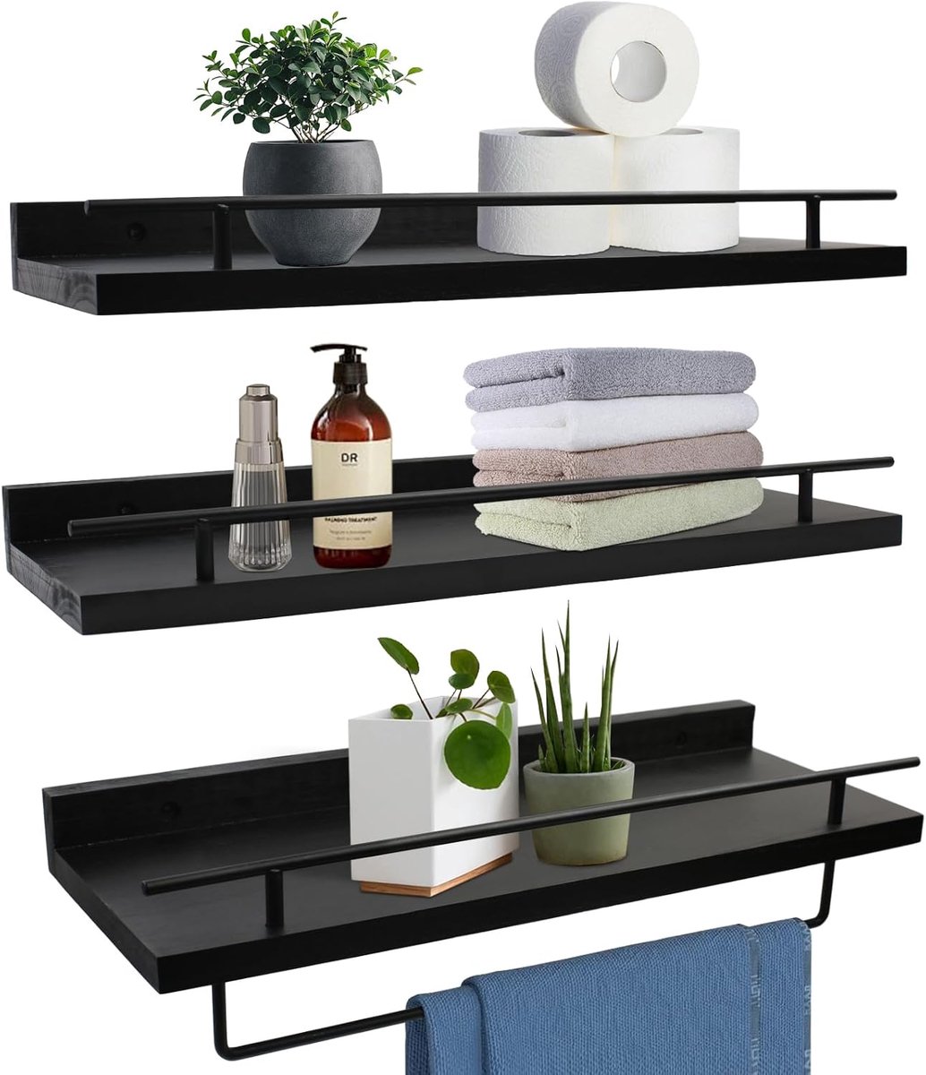 Houten wandplank, belastbaarheid 20 kg, zwart, wandplanken met handdoekhouder, 3-delige plank met 5 x haken, zwevend zwevend rek, 40 cm, wandboard voor badkamer, keuken, slaapkamer