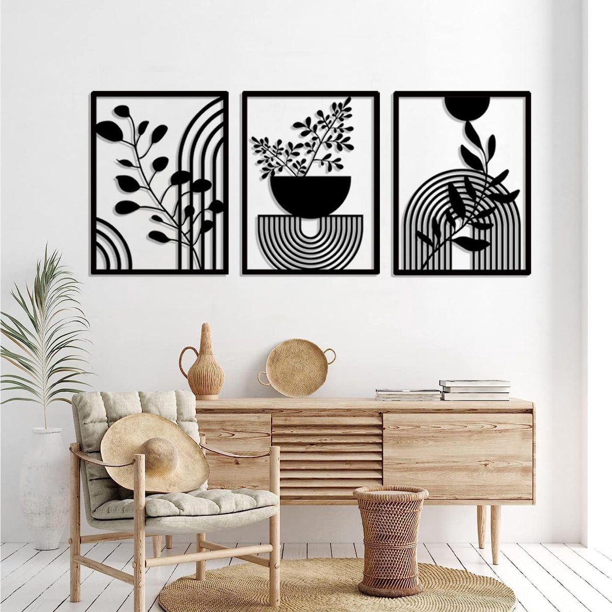 3 panelen abstracte metalen boho wanddecoratie, modern geometrisch zwart voor huis slaapkamer woonkamer (55,9 x 41,9 cm)