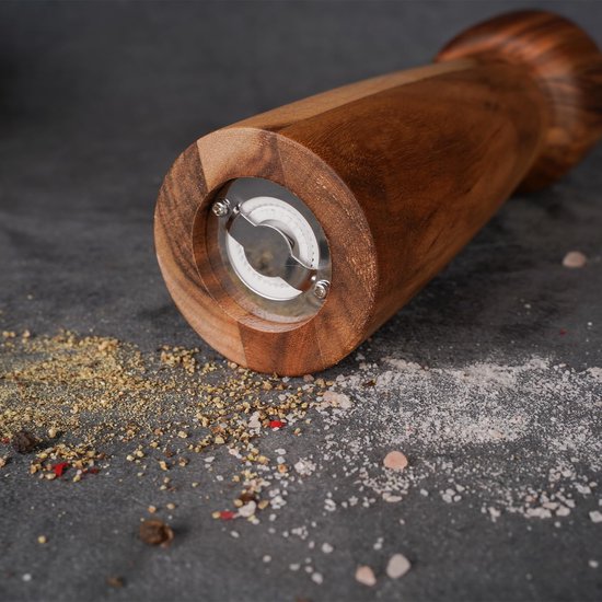 Zoutmolen, zout- of pepermolen met verstelbare keramische slijpkern, kruidenmolen voor peper en zout, acaciahout, 20,5 cm hoogte, bodemdiameter: 6 cm (dienblad is NIET inbegrepen) — afbeelding 3