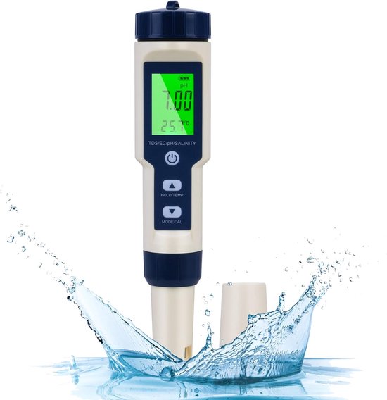 PH-meter | 5-in-1 PH / TDS / EC / zoutgehalte / temperatuur waterkwaliteitstester, LCD-groene achtergrondverlichting display waterkwaliteitstester voor aquarium/hydrocultuur/drinkwater/zwembad/vijver | 1 stuks