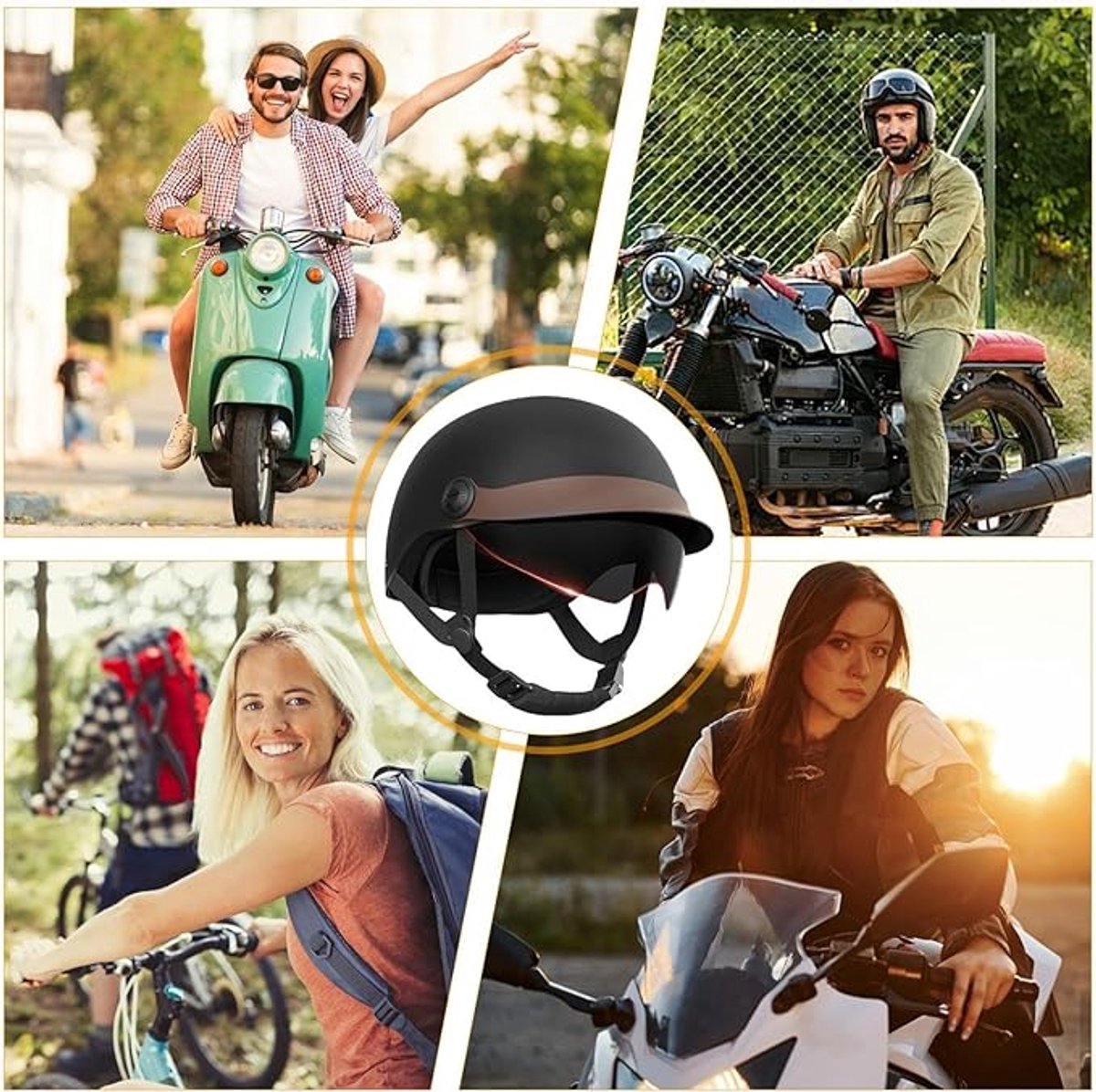 Jethelm met vizier - scooterhelm - bromfietshelm, ideaal voor motorfiets, scooter, bromfiets, modieuze helm, comfortabele motorhelm voor heren en dames, zwart (54-62cm) – foto 3