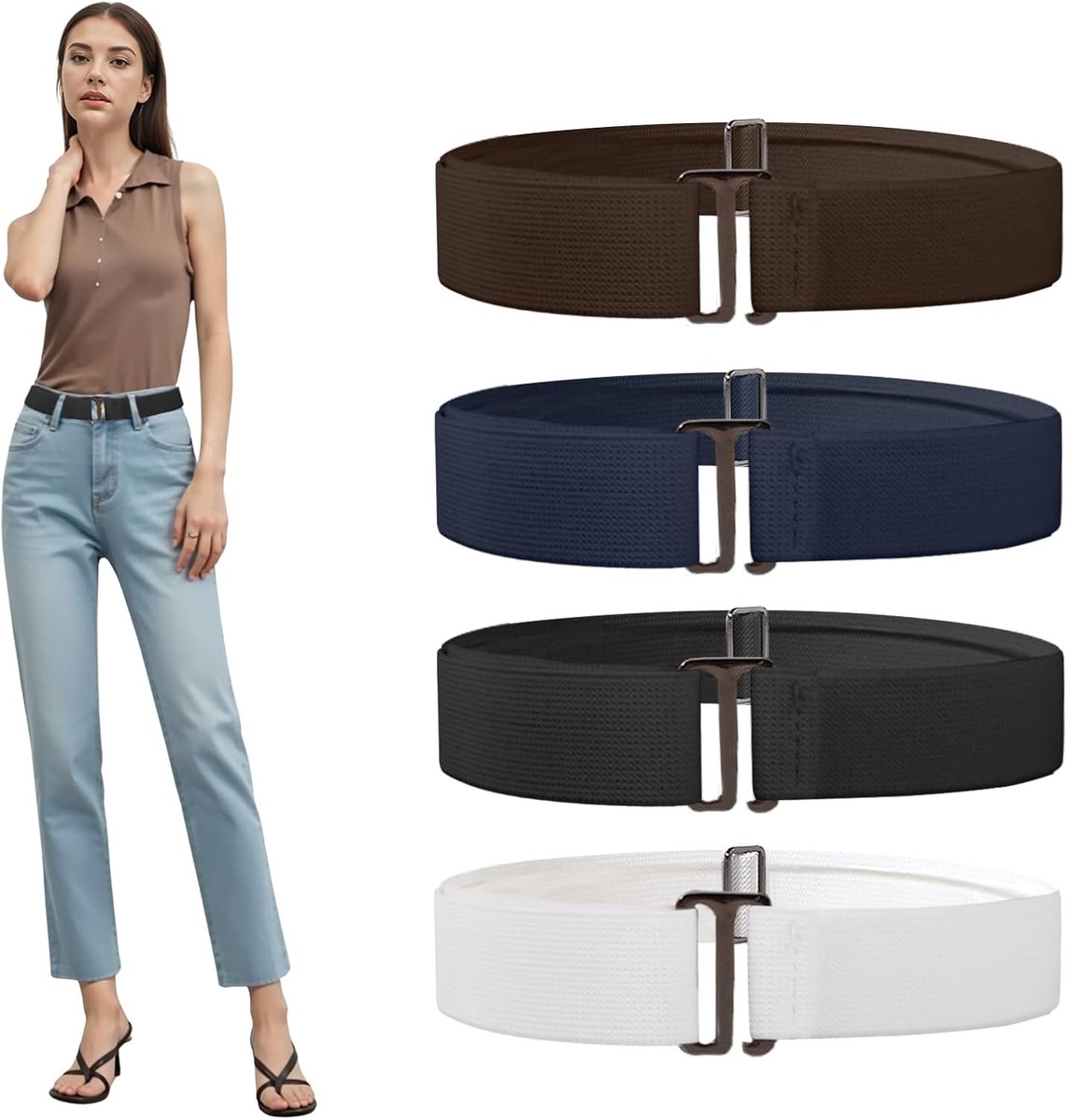 4 stuks verstelbare elastische riem, elastische riem zonder gesp, comfortabele onzichtbare riem met platte gesp, uniseks voor jeans, broeken, jurken, Meerkleurig., Lunghezza: 70-110 cm